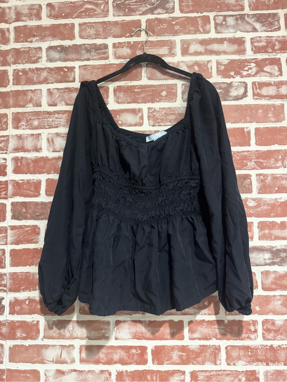 Hill House Home Jade Top Black Smocked Peplum Puff Sleeve Blouse 2XL